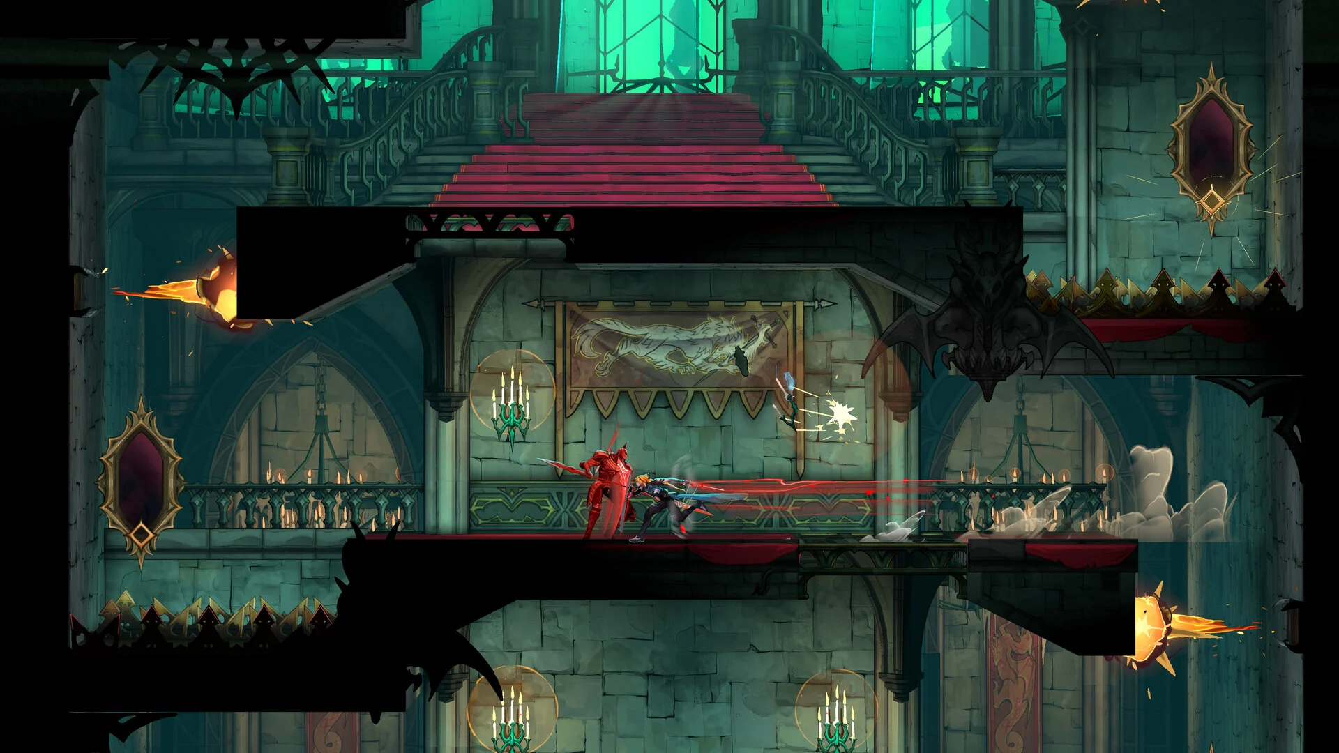 Rose Belmont fights a red demon on the upper floor of a green-lit cathedral while flaming projectiles fly in from both sides