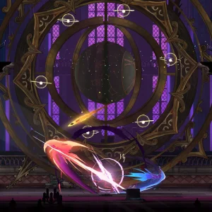 Rose Belmont dashes through a giant purple clockwork ring in a cathedral, leaving bright pink and blue slash trails