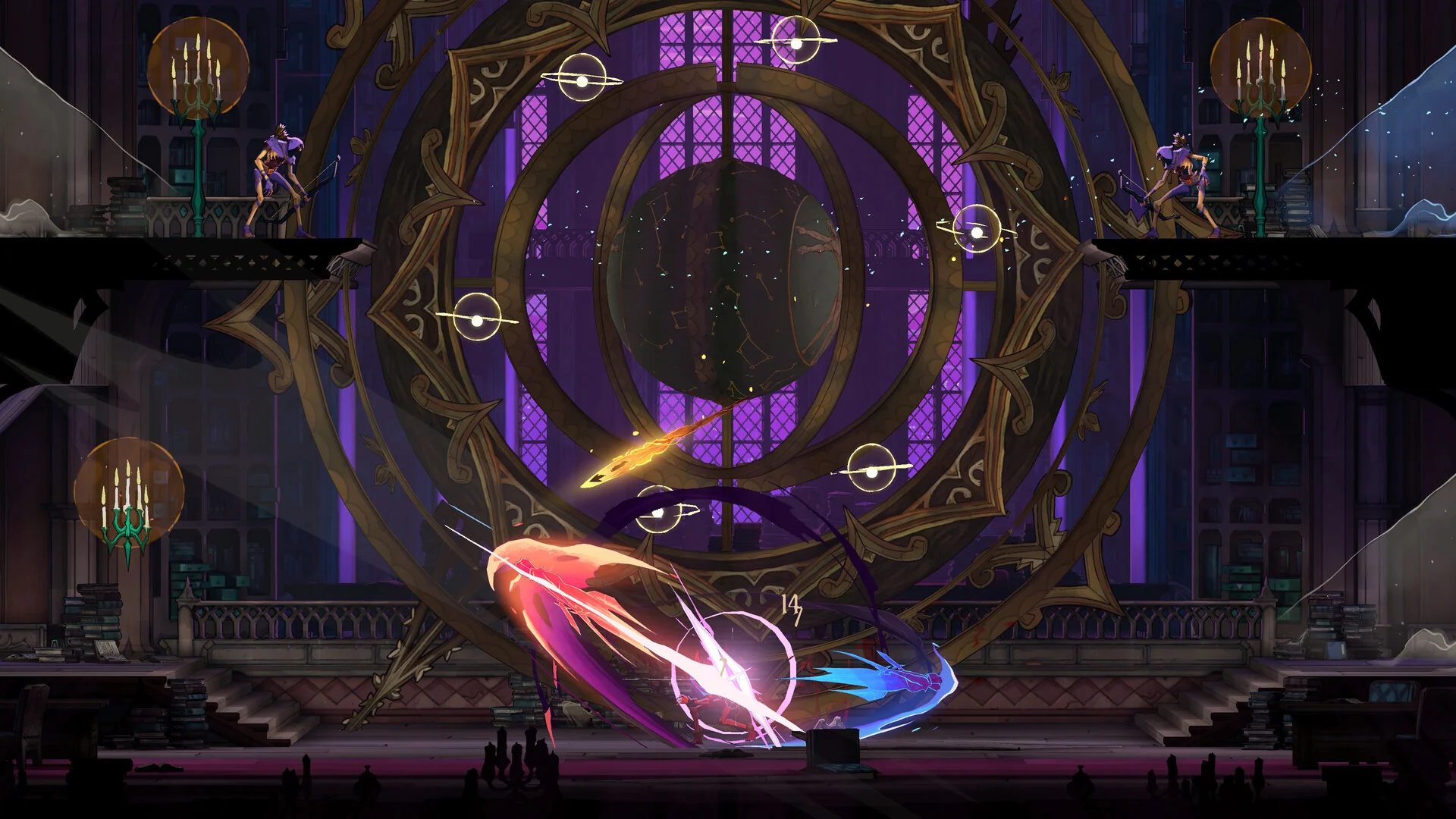 Rose Belmont dashes through a giant purple clockwork ring in a cathedral, leaving bright pink and blue slash trails