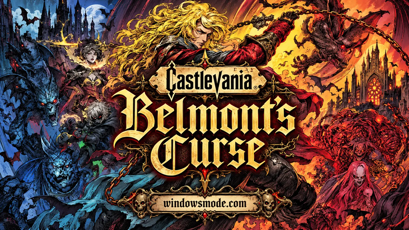 A blonde Belmont hunter cracks a chain whip above the gold Castlevania Belmont's Curse title, surrounded by demons, bats, vampires and burning Gothic castles