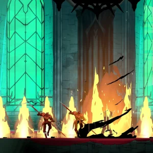 Horned demons fight in a stained-glass hall as a row of fire pillars rises from the floor and a floating eye creature watches