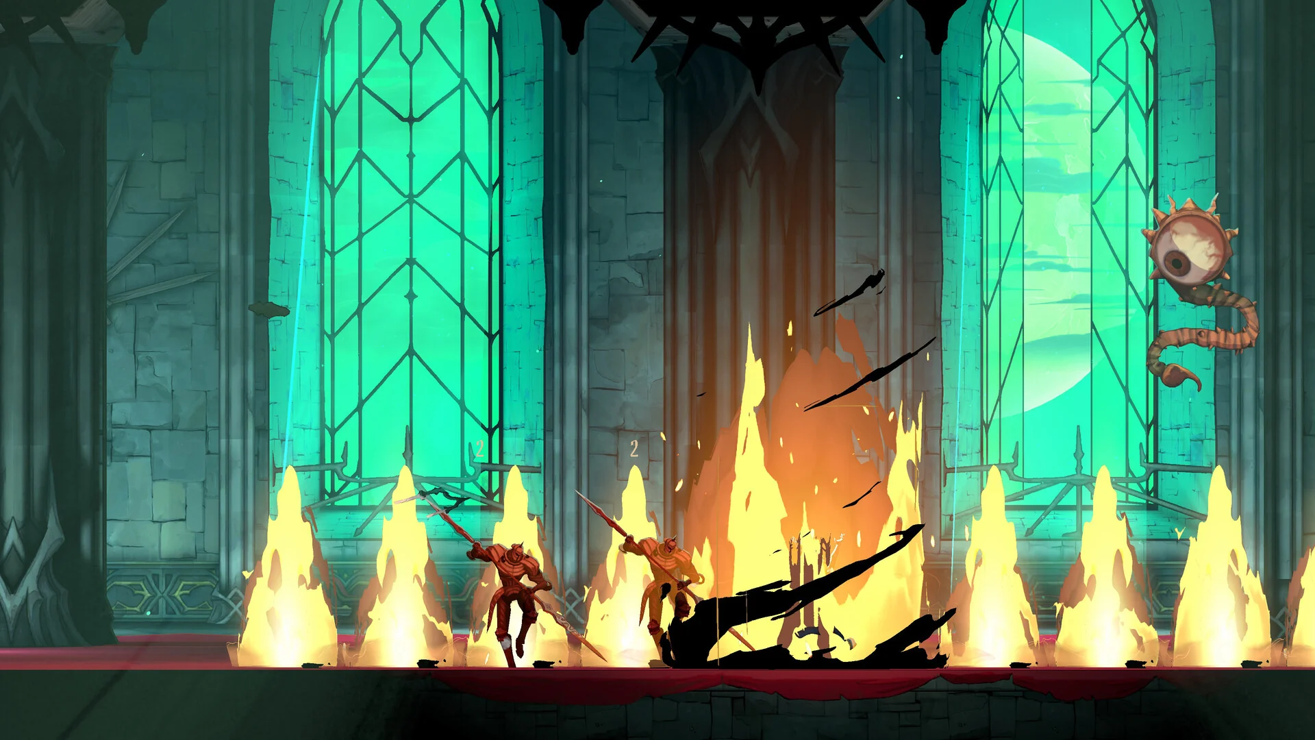 Horned demons fight in a stained-glass hall as a row of fire pillars rises from the floor and a floating eye creature watches