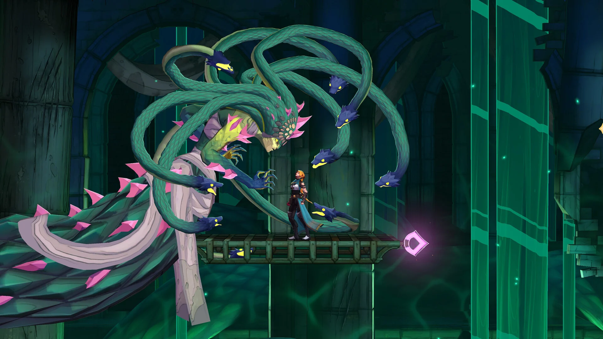 Rose Belmont stands on a stone ledge facing Medusa, a giant boss with a mass of green snake heads and a long pink-spiked train