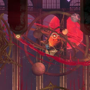 Rose Belmont leaps through a huge brass orrery of rings and planets in a red cathedral, trailing a streak of blood-red light