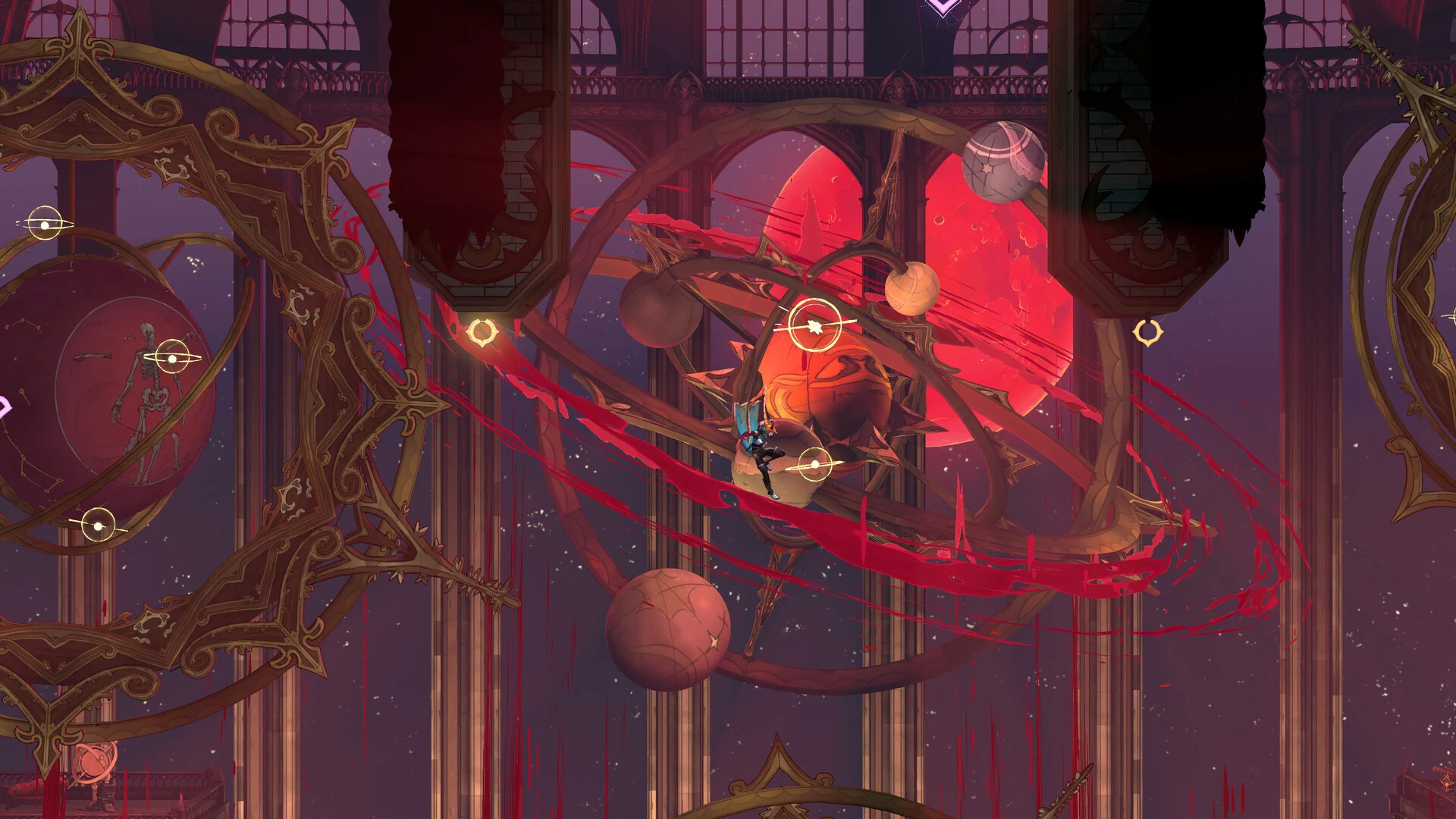 Rose Belmont leaps through a huge brass orrery of rings and planets in a red cathedral, trailing a streak of blood-red light