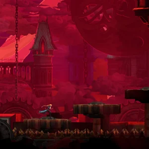Rose Belmont crosses a ledge in front of a blood-red sky and a Gothic clock tower, with a spiked wheel hanging overhead