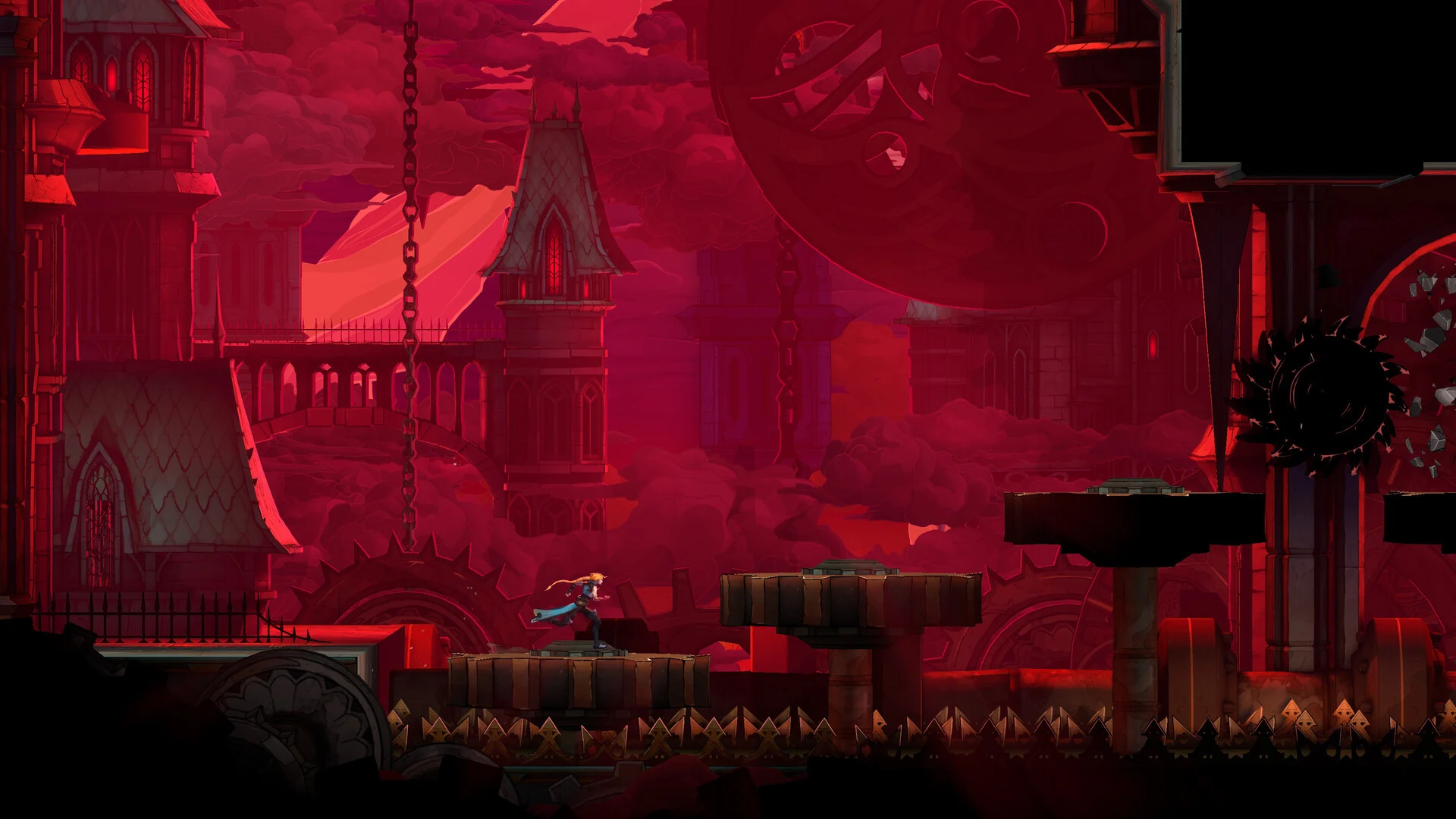 Rose Belmont crosses a ledge in front of a blood-red sky and a Gothic clock tower, with a spiked wheel hanging overhead