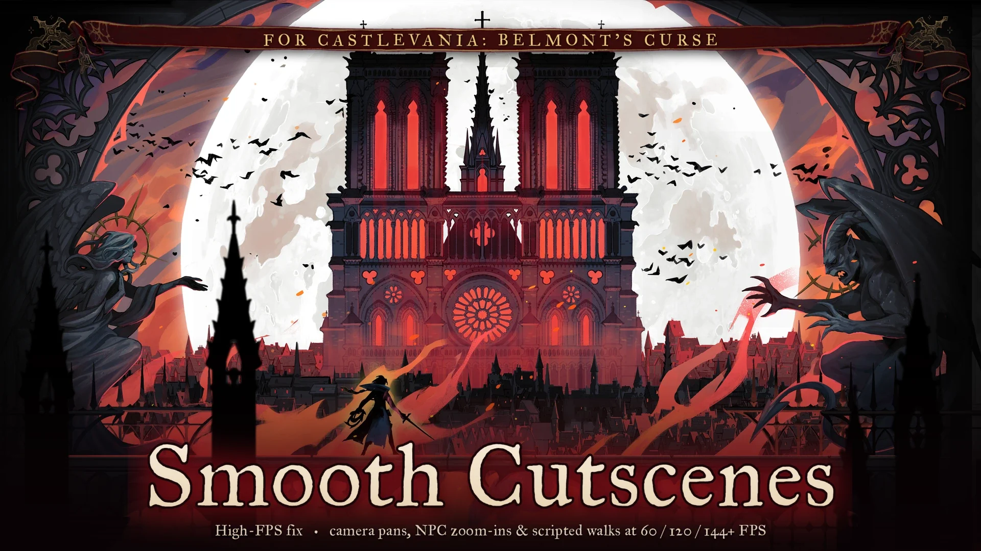 Banner for the Smooth Cutscenes high-FPS fix showing a Gothic cathedral silhouette in front of a full moon