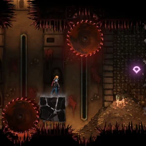 Rose Belmont stands on a cracked stone block between giant spinning saw-toothed gears in a dark shaft