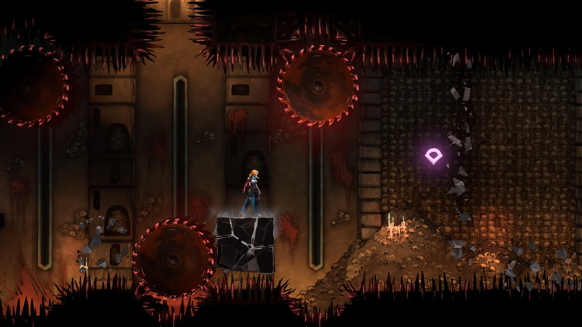 Rose Belmont stands on a cracked stone block between giant spinning saw-toothed gears in a dark shaft