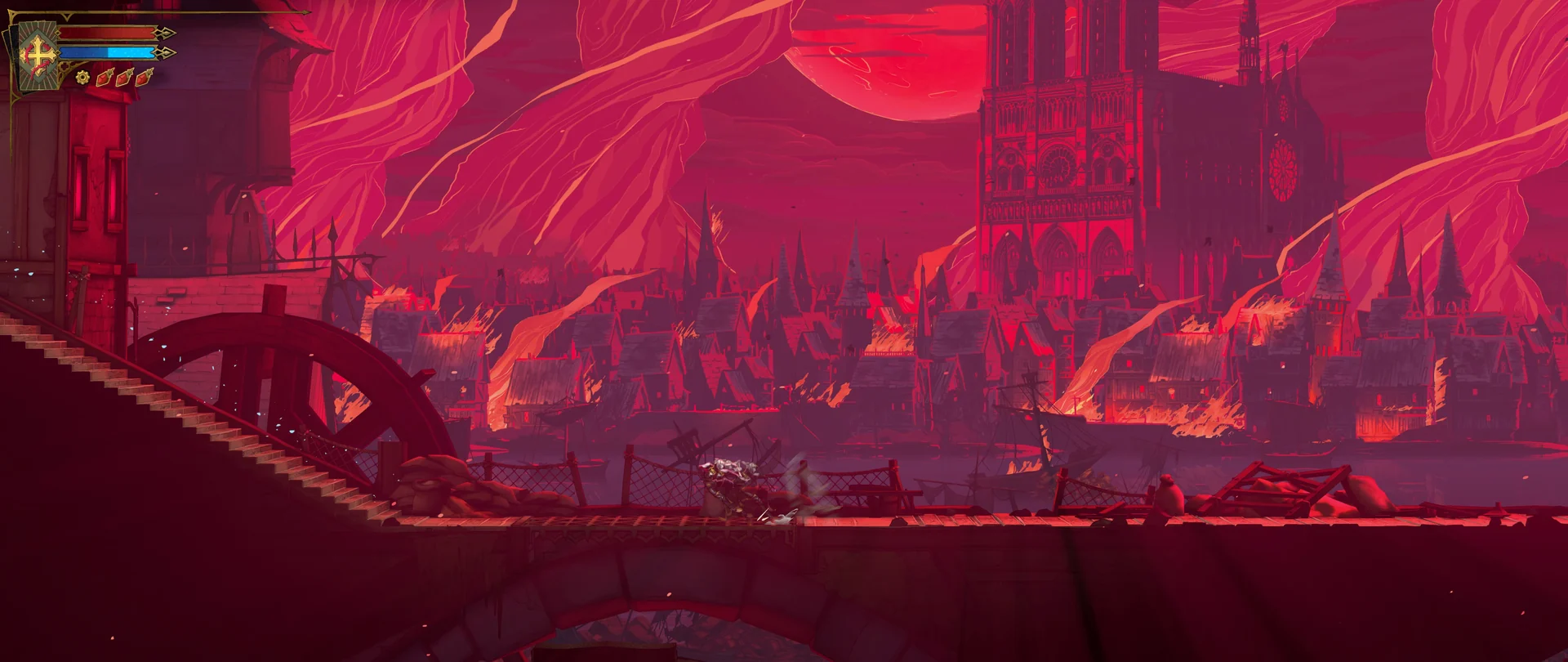 An ultrawide view of Rose Belmont on a stone bridge in front of burning Paris, with the game filling the whole wide screen