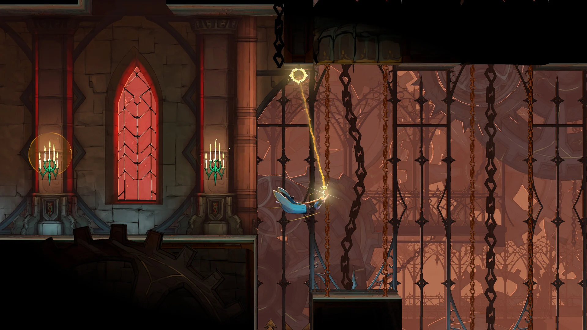 Rose Belmont swings from a golden hook point on her whip through a castle hall hung with chains and Gothic windows
