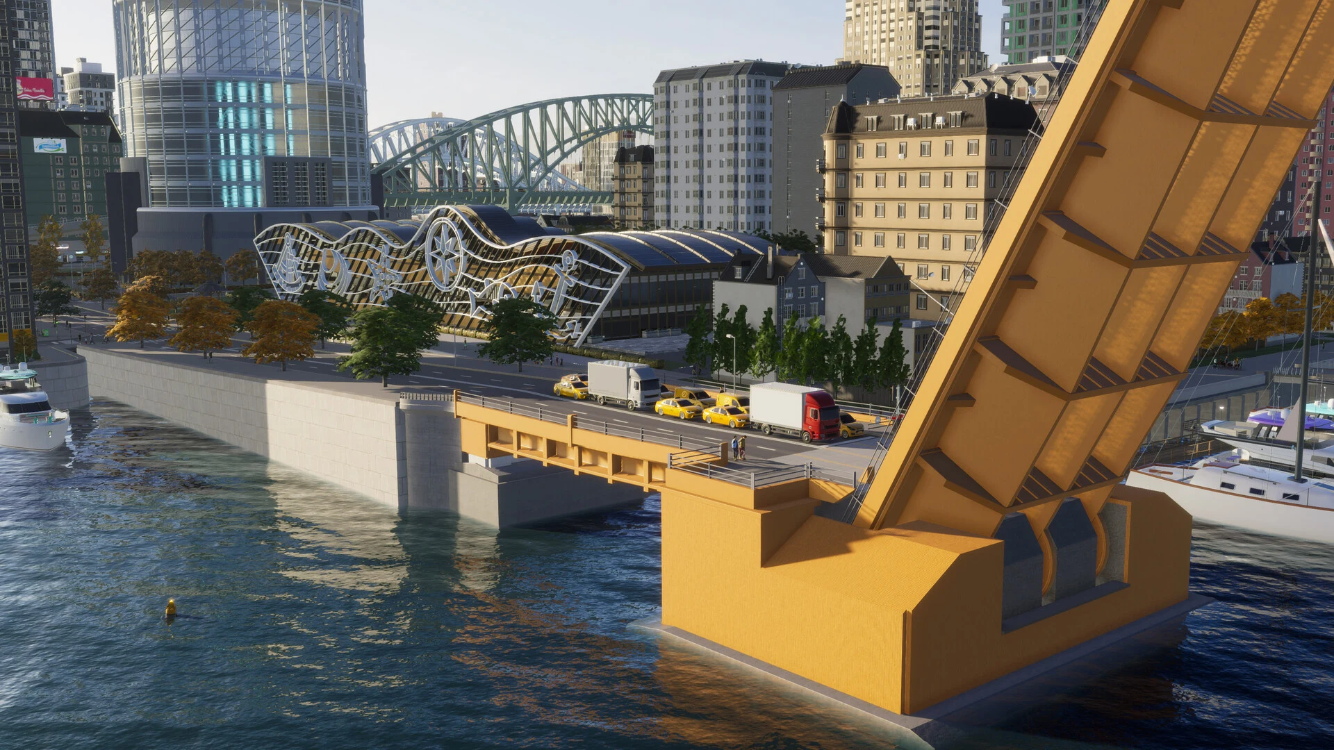 A large cargo port with cranes, stacked containers and docked ships along the shore of a city