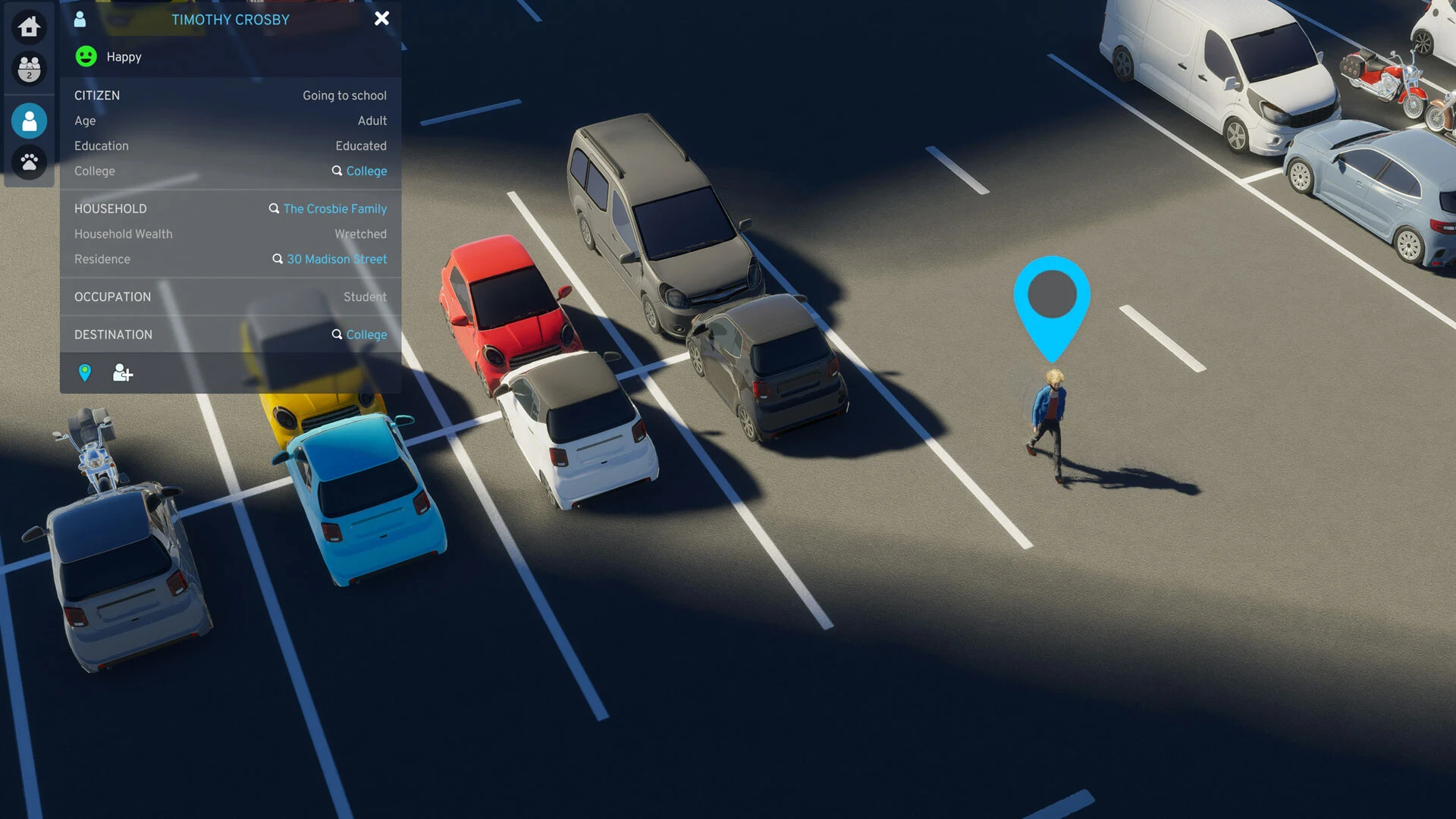 A citizen info panel open beside a parking lot, showing one resident's home, job and status with a map pin above them
