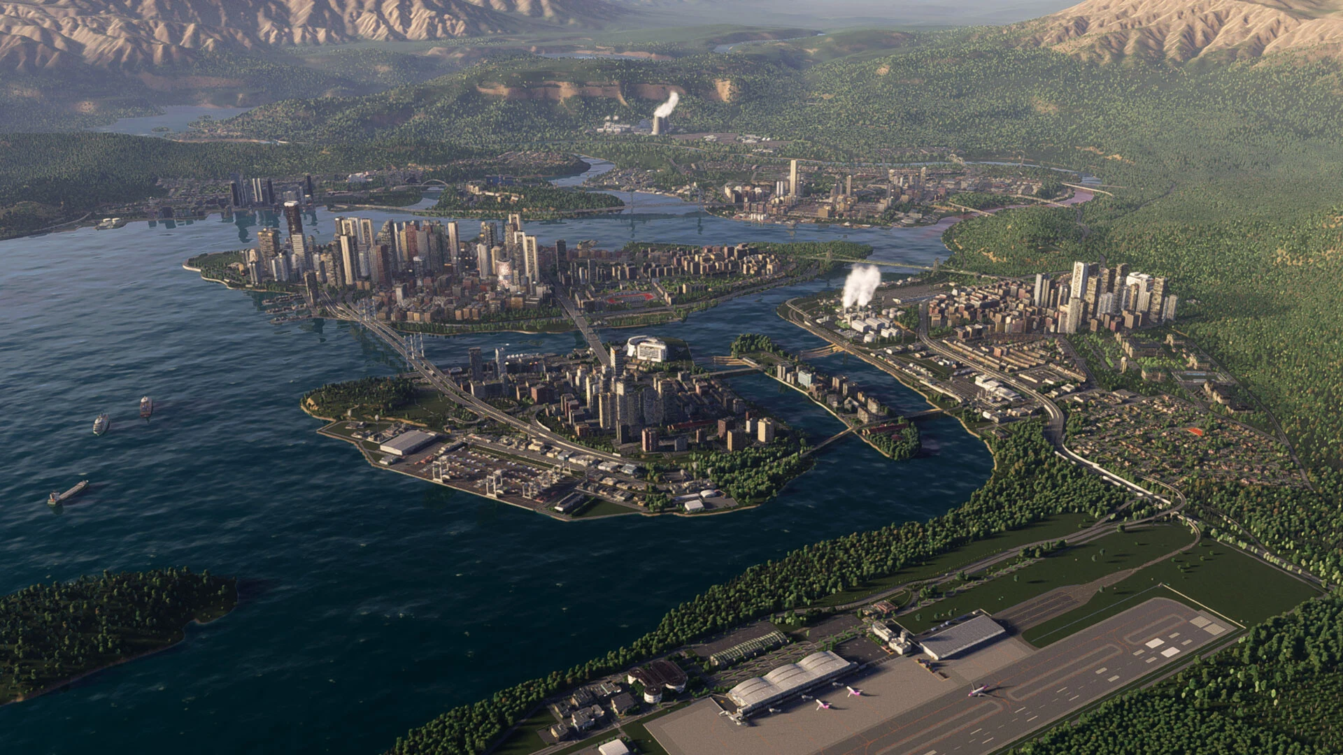 An aerial view of a large city spread across islands in a bay, with skyscrapers in the center and mountains behind