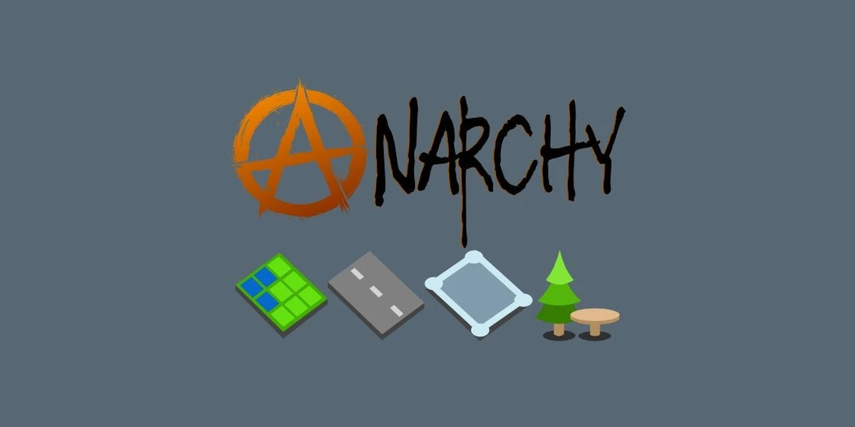 The Anarchy mod logo, the word Anarchy in orange above icons of a zone grid, a road, a water area and a tree