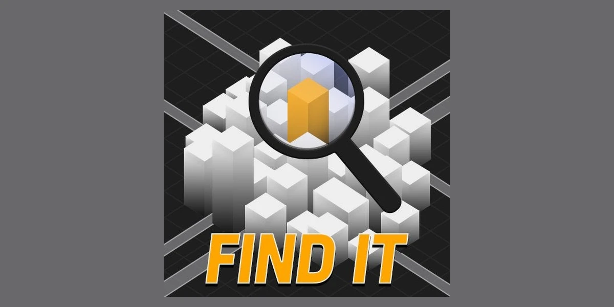 The Find It mod logo, a magnifying glass over a cluster of white building blocks with one highlighted in orange