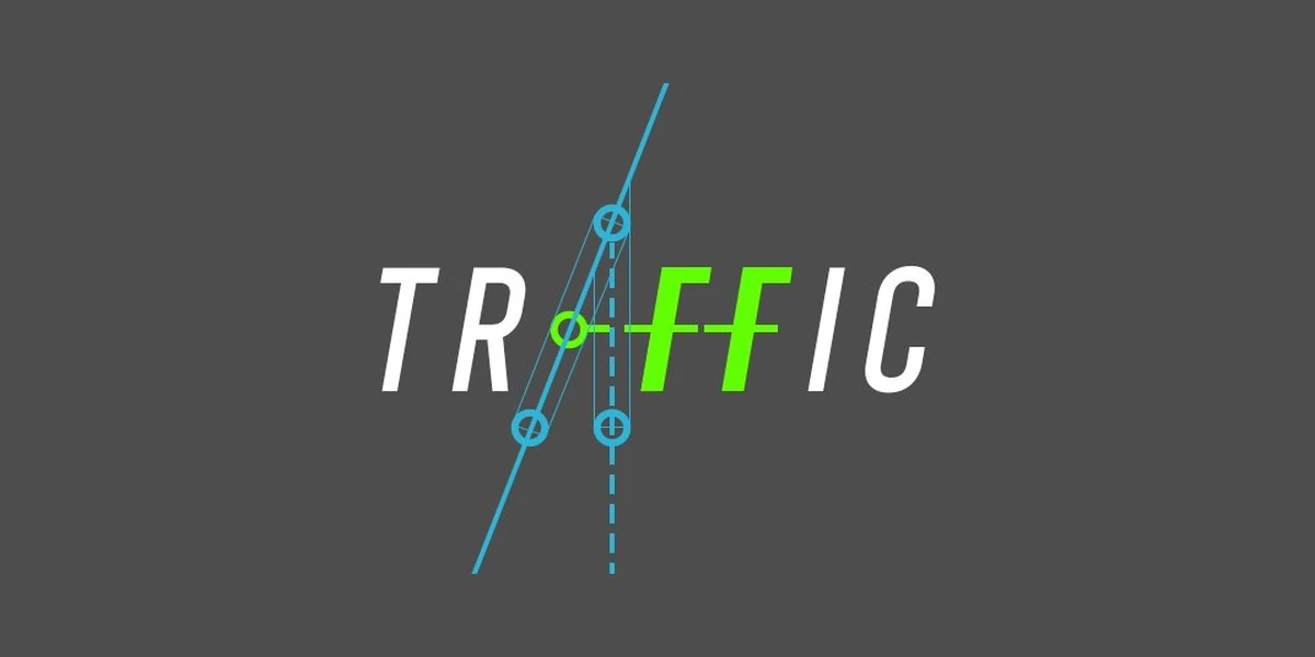 The Traffic mod logo, the word Traffic with lane connection lines and circles drawn through it on a gray background