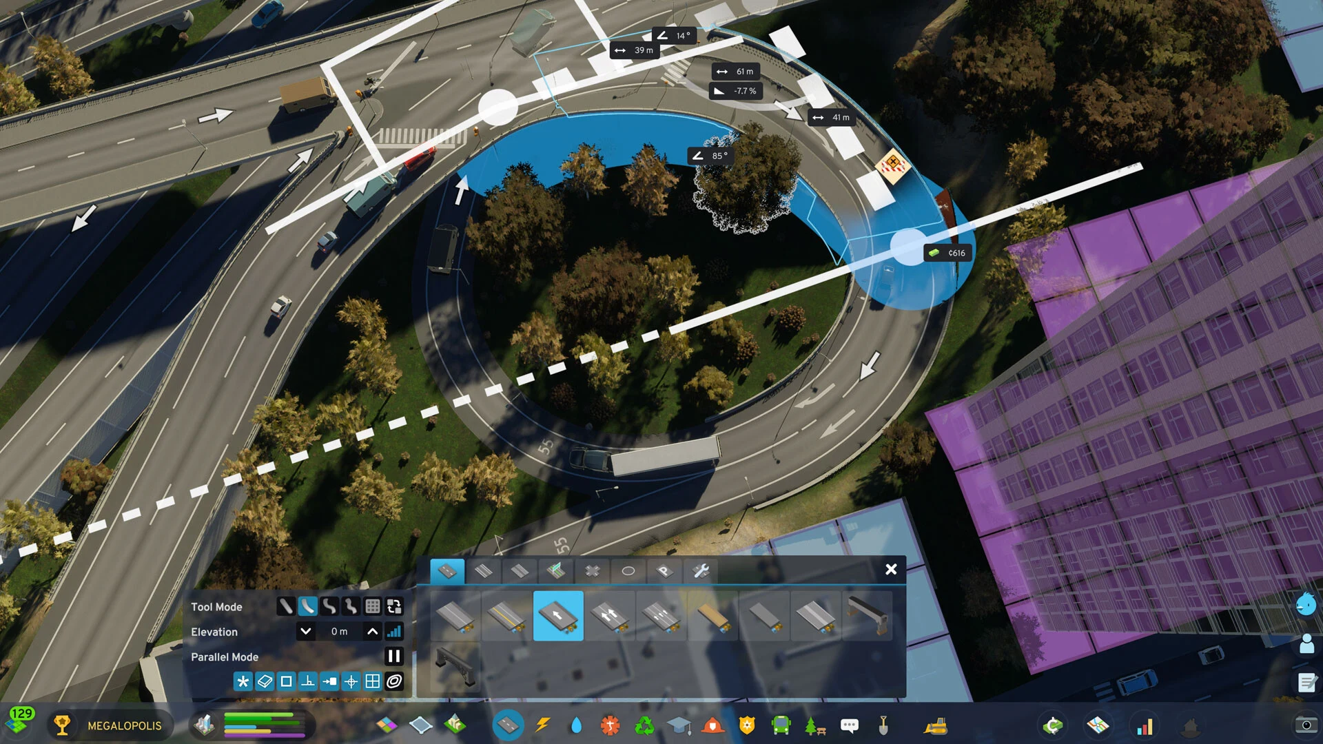 A curved highway interchange being drawn with the road tool, with a blue guide circle and the build toolbar along the bottom of the screen