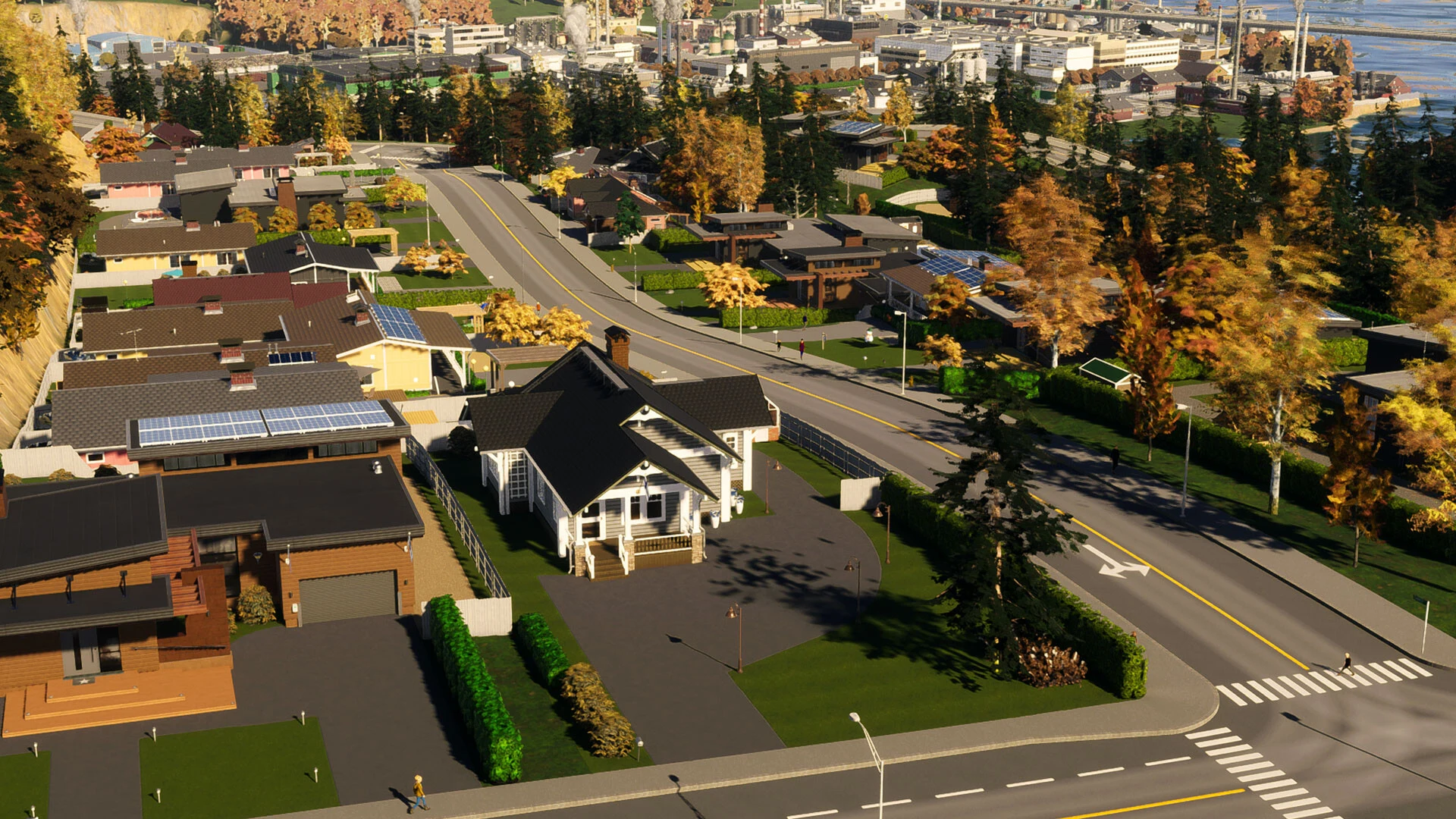 A quiet suburb in autumn with detached houses, solar panels on the roofs, and orange trees along the streets
