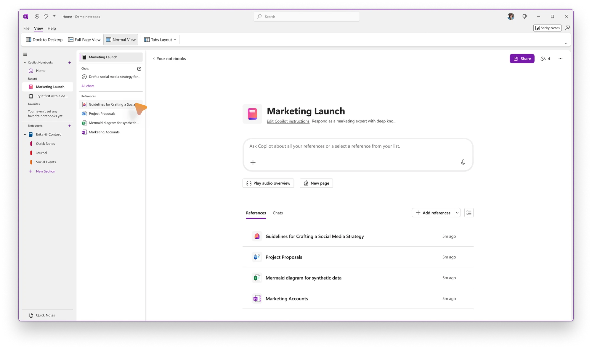 OneNote on Windows with the Copilot Notebooks section in the sidebar and a Marketing Launch notebook open, showing an Ask Copilot box, a Play audio overview button and a list of references