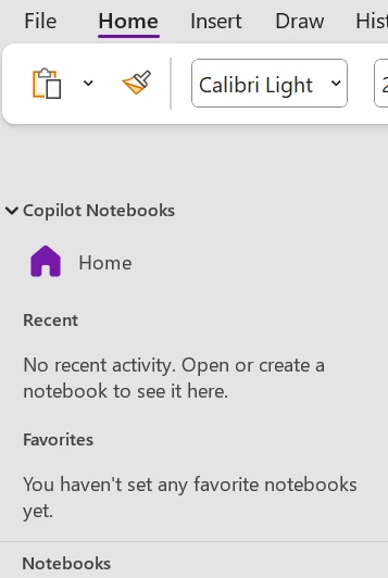 Close-up of the OneNote sidebar showing the Copilot Notebooks section with Home, Recent and Favorites entries above the regular notebooks list