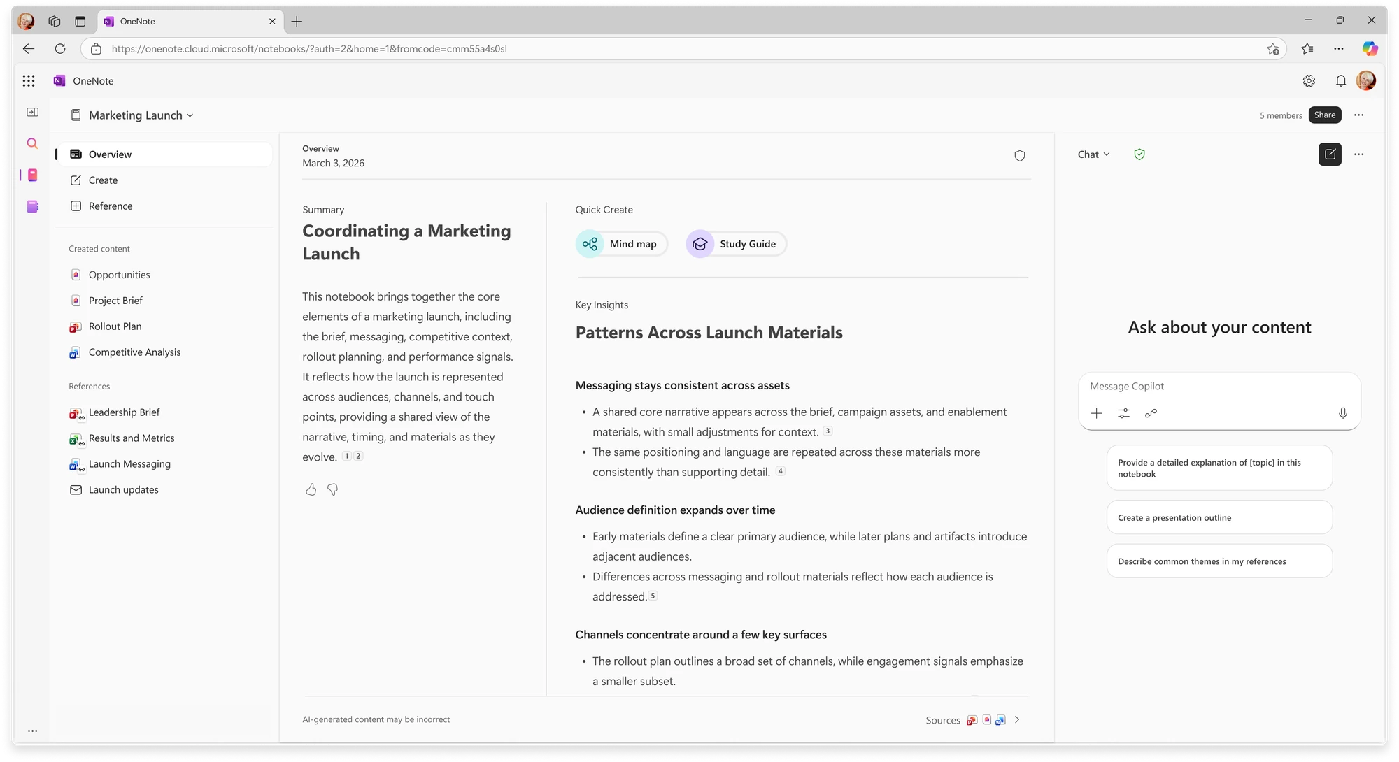 Copilot Notebook overview page with a summary, key insights, Quick Create buttons for Mind map and Study Guide, and an Ask about your content chat pane