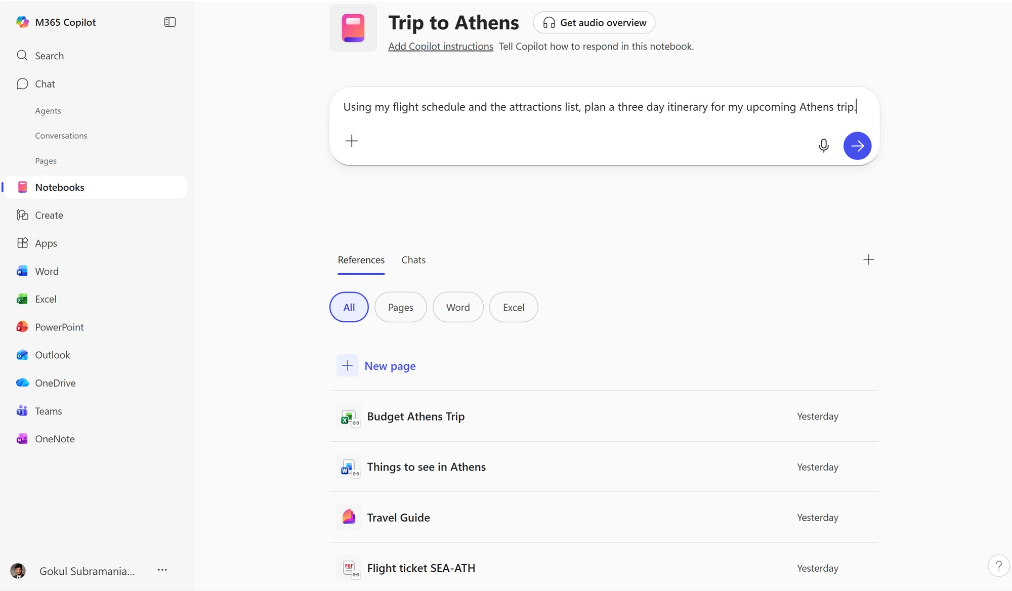 Copilot Notebook named Trip to Athens with a prompt asking for a three day itinerary and references including a budget, a travel guide and a flight ticket