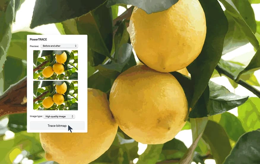 CorelDRAW PowerTRACE panel showing a before and after preview of a lemon tree photo traced into vector shapes, with the Trace bitmap button