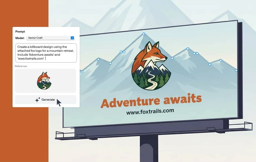 CorelDRAW AI Generate panel with the Vector Craft model and a prompt for a billboard, beside the generated fox logo billboard reading Adventure awaits with editable vector points