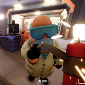 A masked lab worker in blue goggles stands at a tool bench while the player holds a lit bundle of dynamite