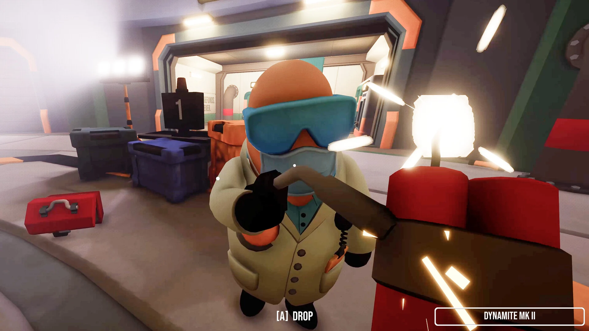 A masked lab worker in blue goggles stands at a tool bench while the player holds a lit bundle of dynamite