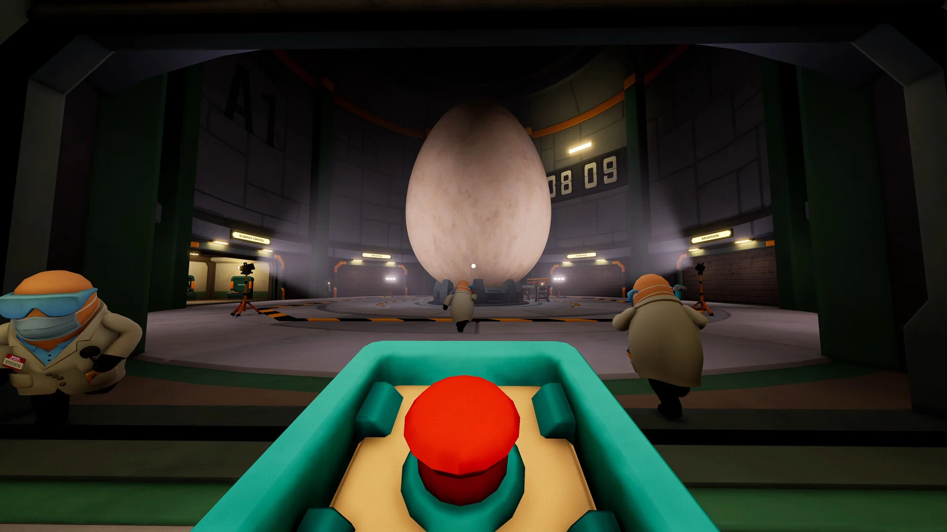 First-person view over a control desk with a big red button, looking across a dark lab at a giant egg with two masked lab workers walking toward it