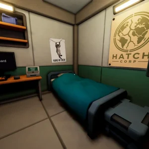 A small staff bunk room with a bed, a desk with a screen that says insert card, shelves and a Hatch Corp poster on the wall