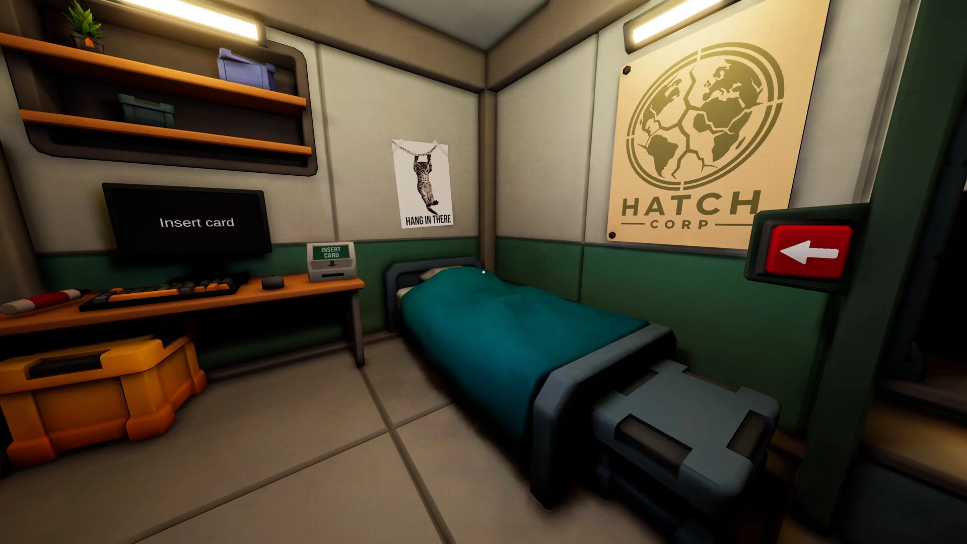A small staff bunk room with a bed, a desk with a screen that says insert card, shelves and a Hatch Corp poster on the wall