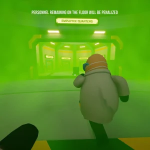 Green gas fills the lab as a worker runs toward Employee Quarters under a warning that staff left on the floor will be penalized