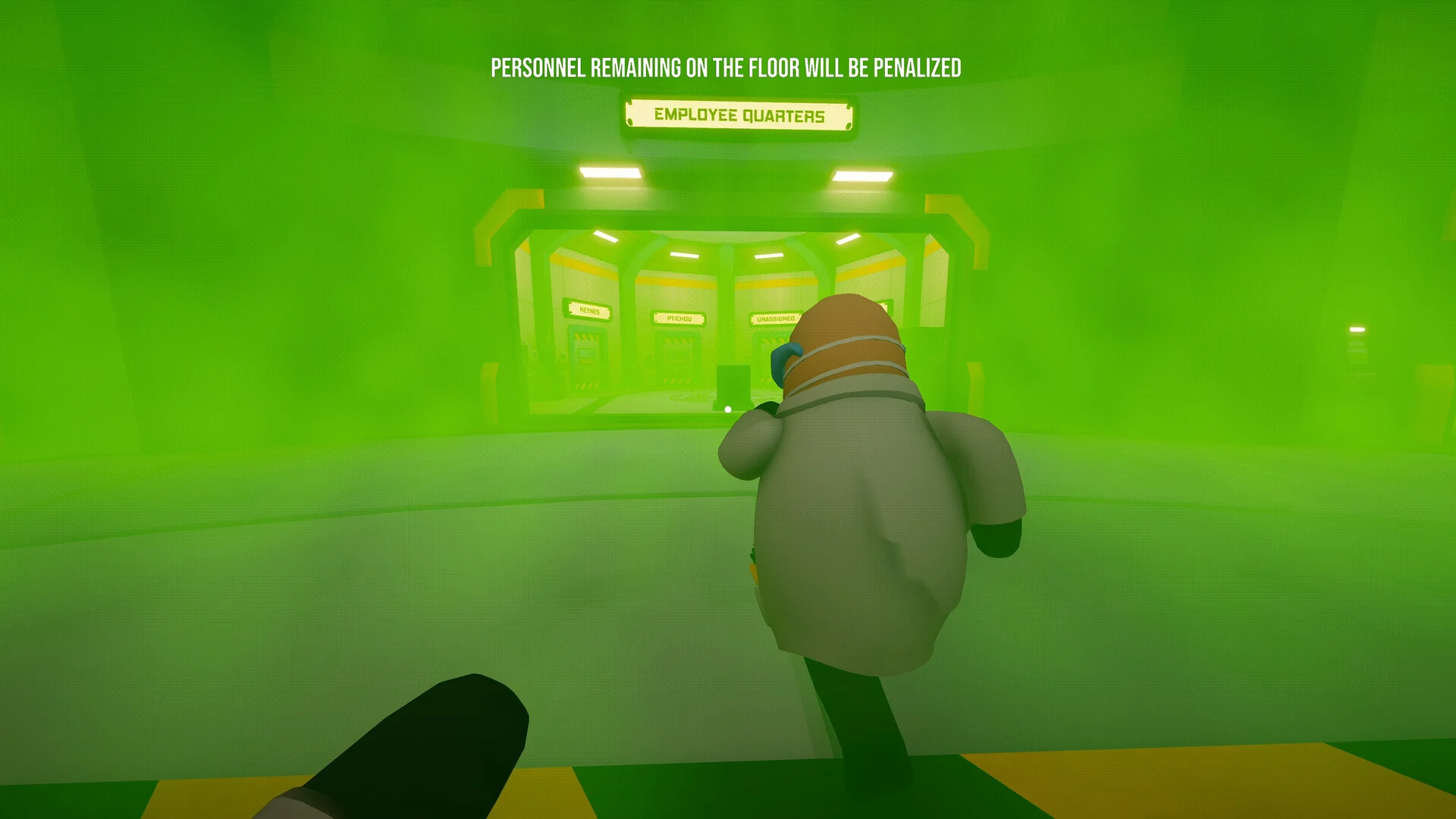 Green gas fills the lab as a worker runs toward Employee Quarters under a warning that staff left on the floor will be penalized