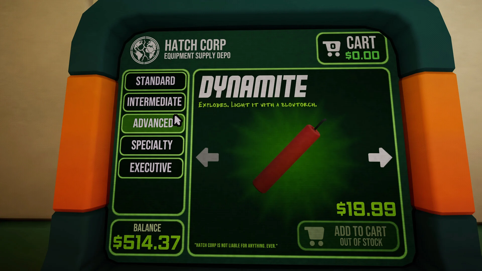 The Hatch Corp equipment shop screen showing a stick of dynamite for 19.99 dollars, tool tiers from Standard to Executive, and a balance of 514.37 dollars
