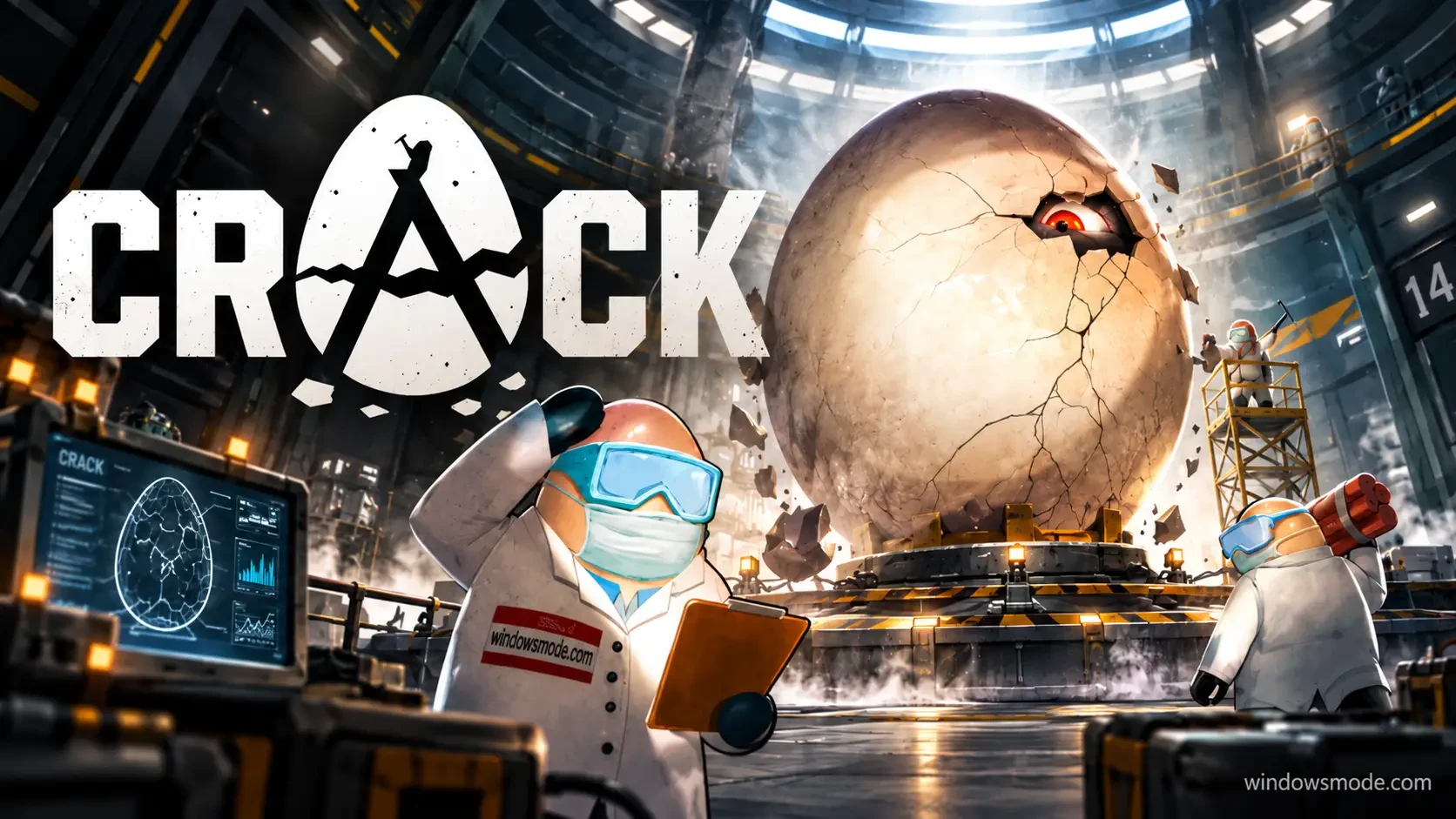 The CRACK logo beside a giant cracked egg in a lab, with a scientist in goggles and a face mask holding a clipboard and coworkers on scaffolding behind him