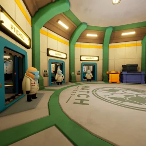 A round Hatch Corp lobby with green and orange doorways, a cracked globe logo on the floor and lab workers standing at the doors
