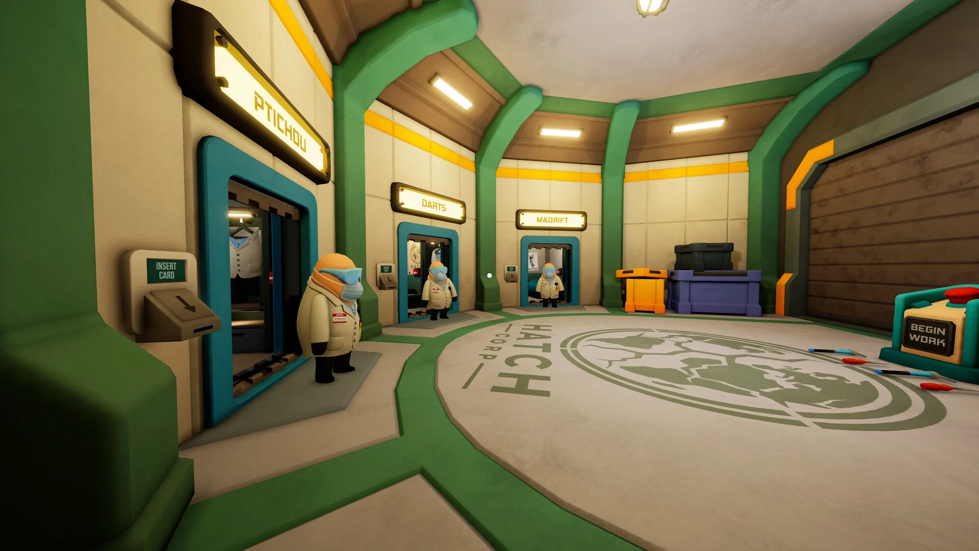A round Hatch Corp lobby with green and orange doorways, a cracked globe logo on the floor and lab workers standing at the doors