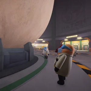 A lab worker in a white coat walks along the curved floor around the base of the giant egg, with coworkers in the distance