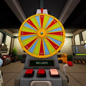 Two masked lab workers stand beside a spinning prize wheel machine whose display reads No Luck
