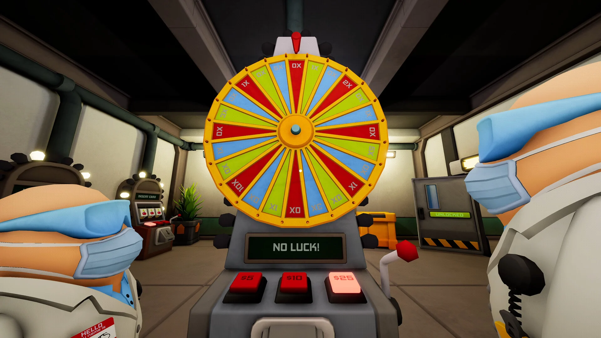 Two masked lab workers stand beside a spinning prize wheel machine whose display reads No Luck