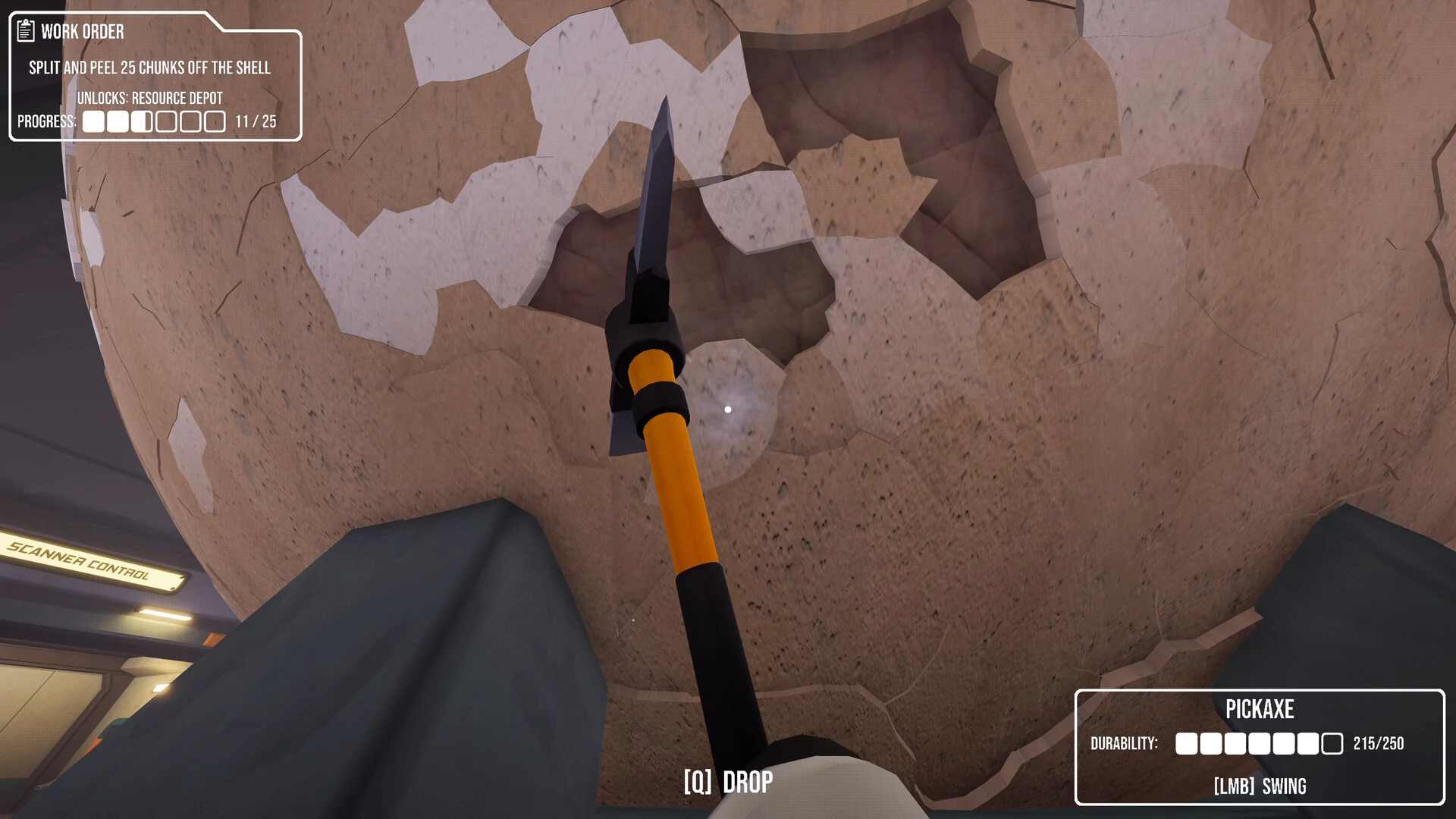 First-person view of a pickaxe chipping the egg shell, with patches of shell already broken away and a task tracker and tool durability bar on screen