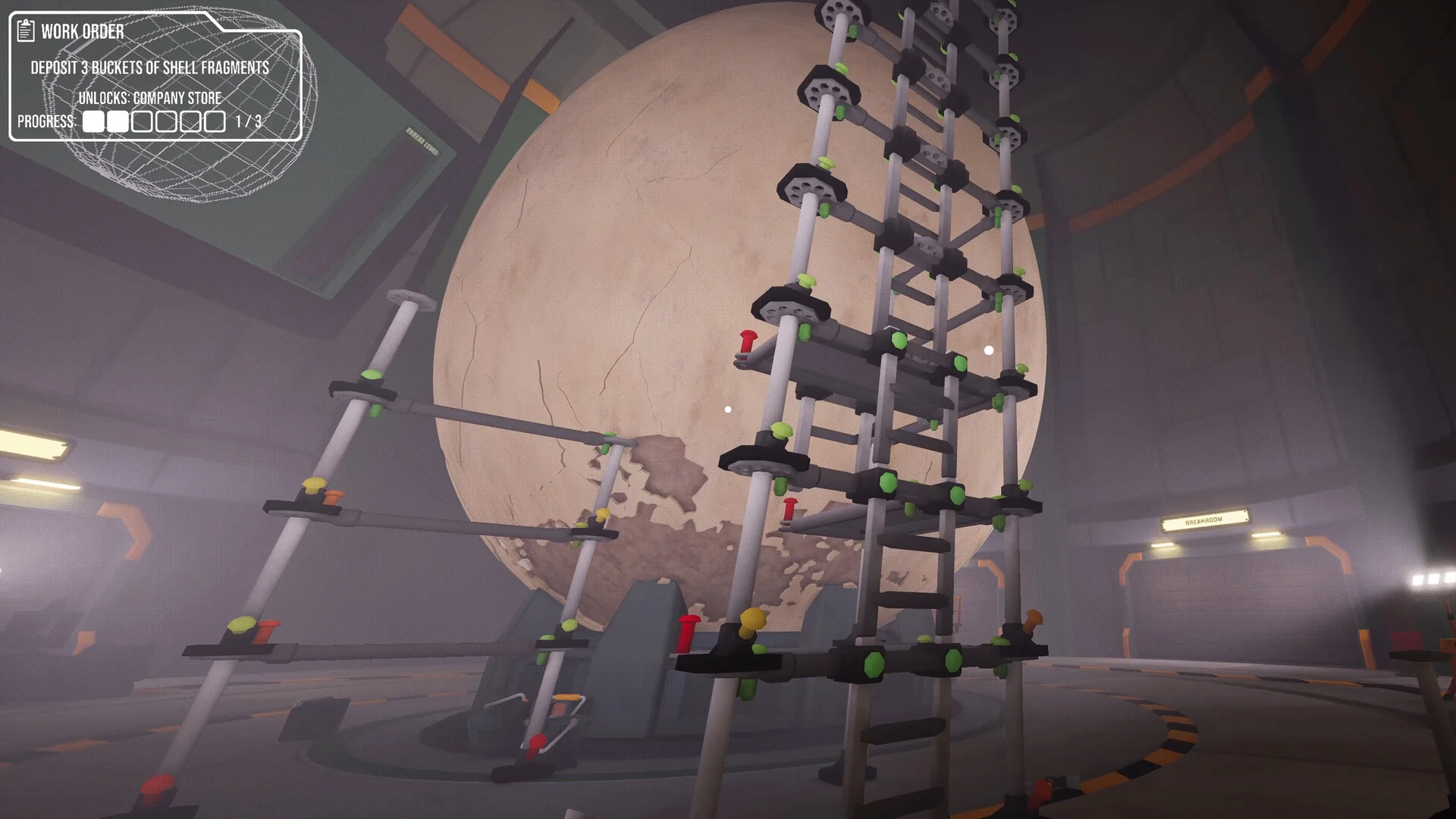 Scaffolding poles and a ladder built up the side of the giant egg in a hazy lab, with cracks spreading across the shell