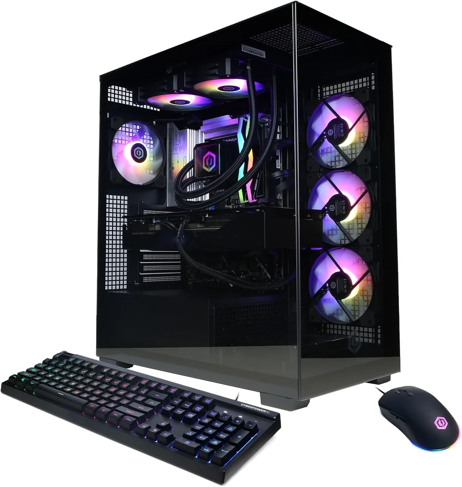 CyberPowerPC Gamer Xtreme tower with a glass case, liquid cooler and RGB fans, shown with its keyboard and mouse