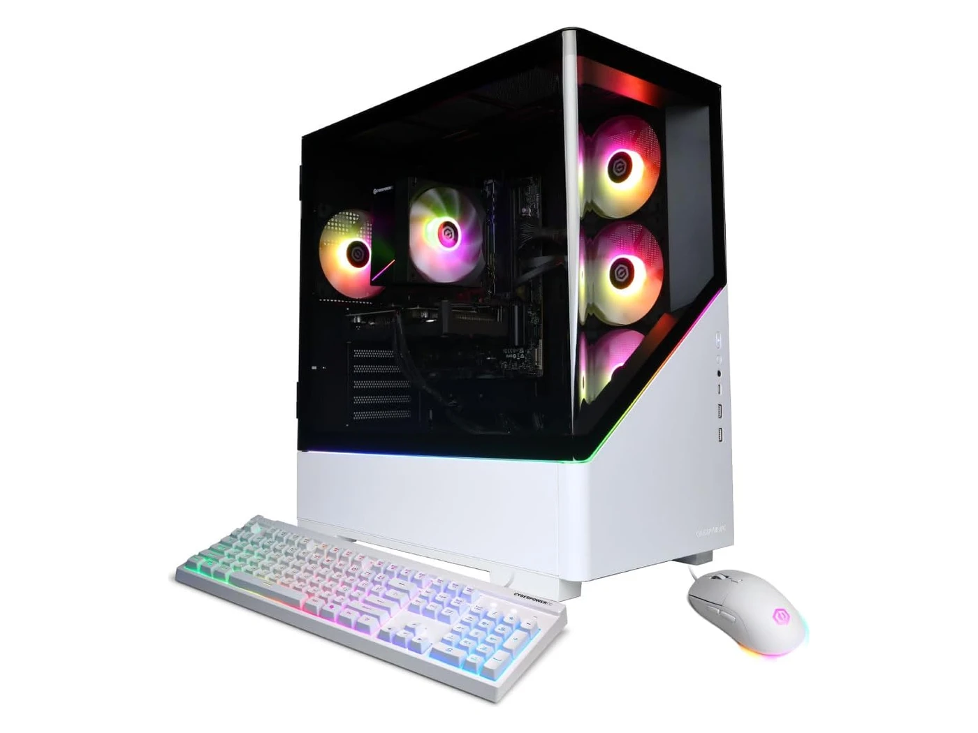 White and black CyberPowerPC Gamer Xtreme gaming desktop with glass panels and RGB fans, beside a white keyboard and mouse