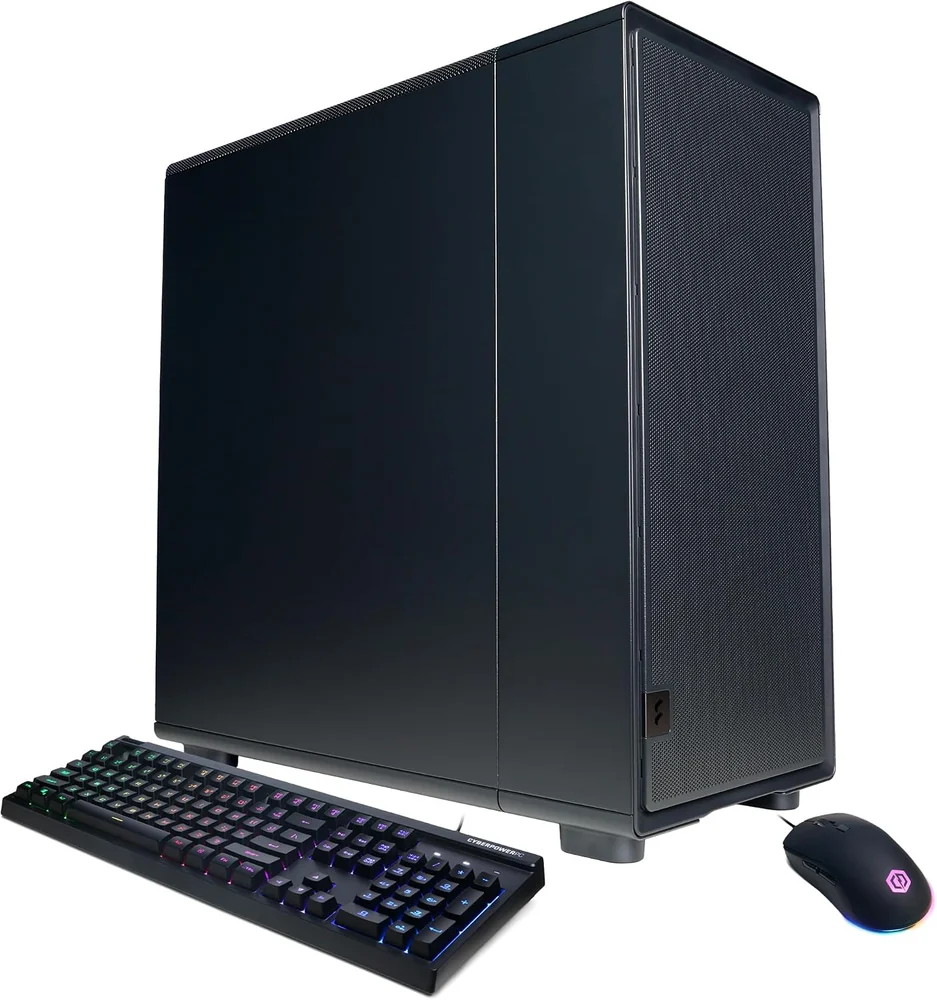 Plain black CyberPowerPC Syber workstation tower with solid side panels, shown with its keyboard and mouse