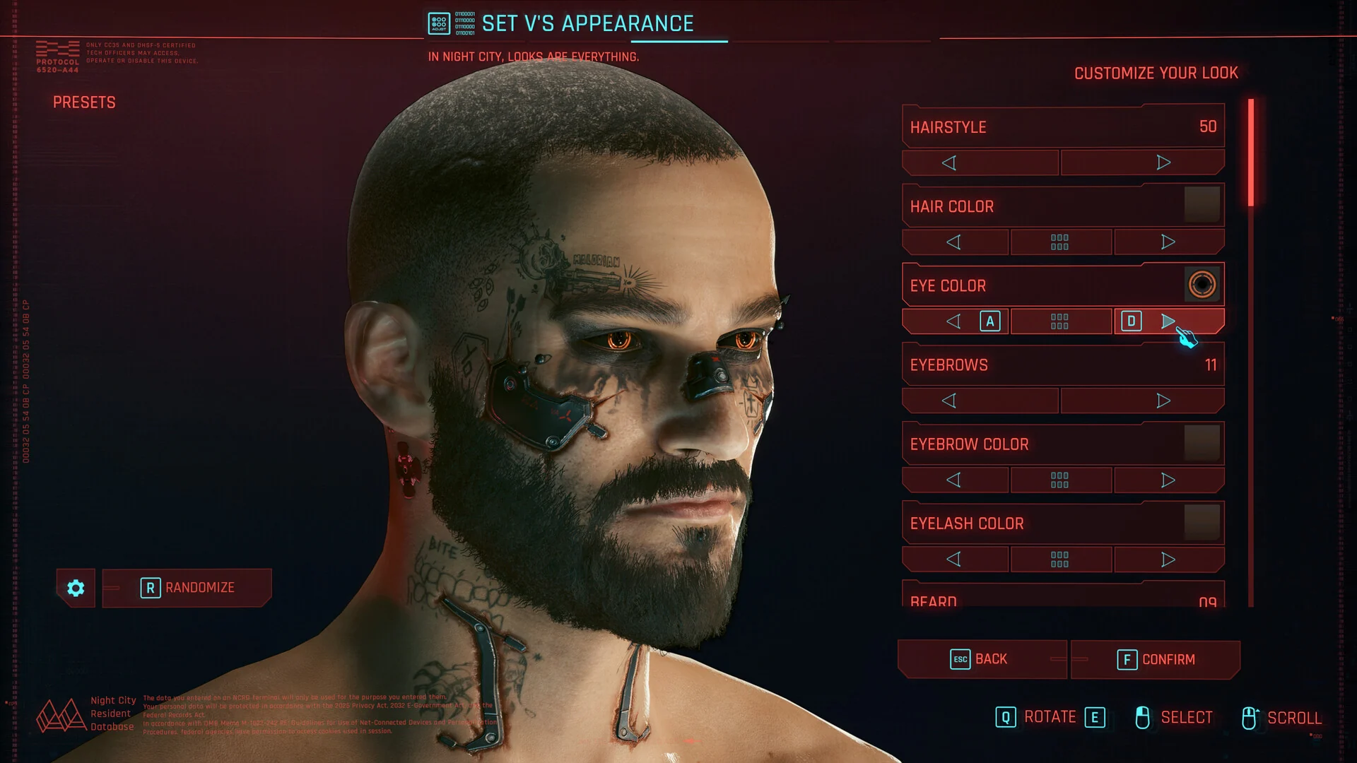 The Set V's Appearance screen in the character creator, showing a bearded V with face cyberware next to hairstyle, eye color and eyebrow sliders